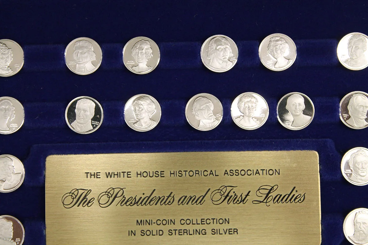 1977 STERLING SILVER FRANKLIN MINT PRESIDENTS FIRST LADIES 80 COIN SET WITH WOODEN PRESENTATION DISPLAY