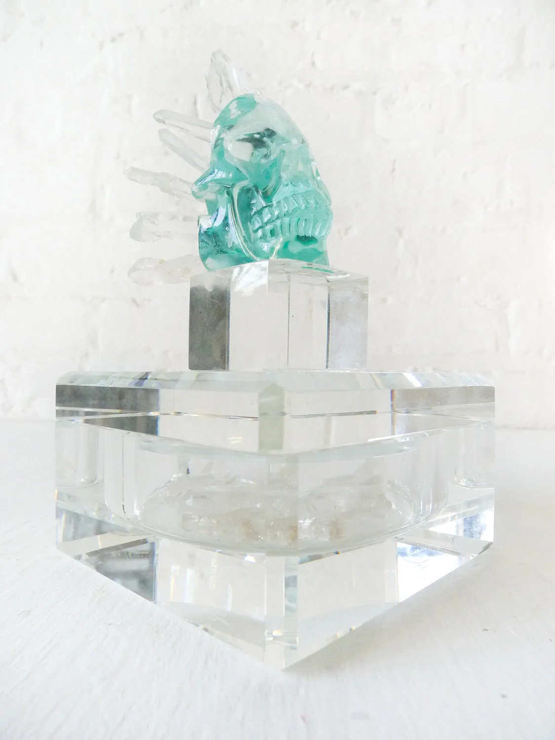 30% SALE Crystal Chief Spiked Fluorite Carved Skull Quartz Points Headdress on Keepsake Box