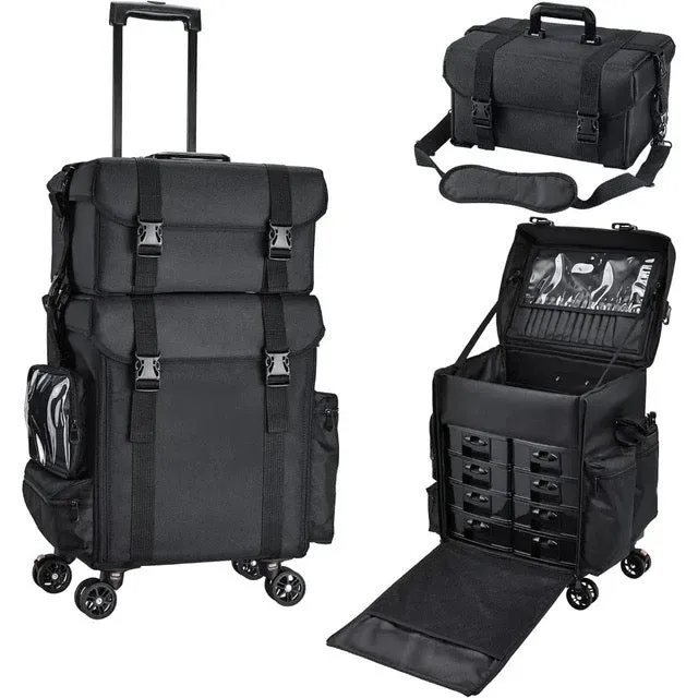 4 lockable 360° Rolling Casters Makeup Rolling Train Case - Hairdressing Bag Beauty Trolley Nail Cosmetic Box