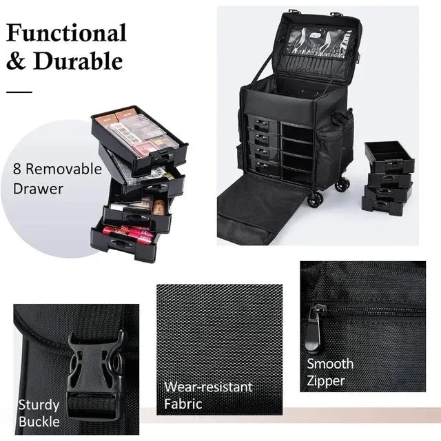 4 lockable 360° Rolling Casters Makeup Rolling Train Case - Hairdressing Bag Beauty Trolley Nail Cosmetic Box