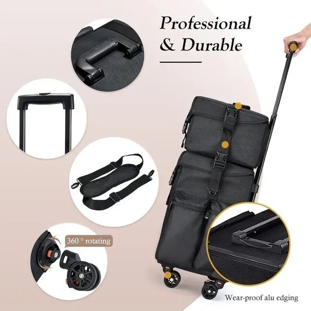 4 lockable 360° Rolling Casters Makeup Rolling Train Case - Hairdressing Bag Beauty Trolley Nail Cosmetic Box