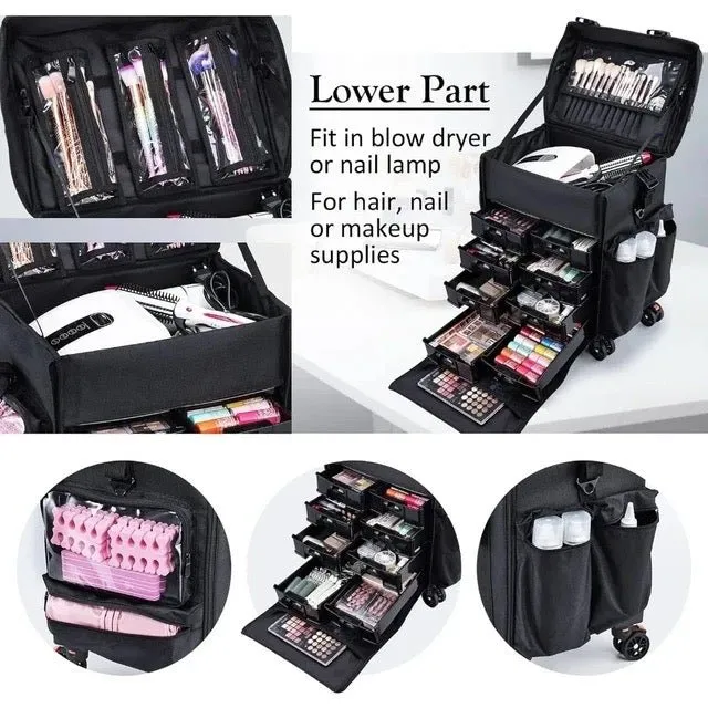 4 lockable 360° Rolling Casters Makeup Rolling Train Case - Hairdressing Bag Beauty Trolley Nail Cosmetic Box