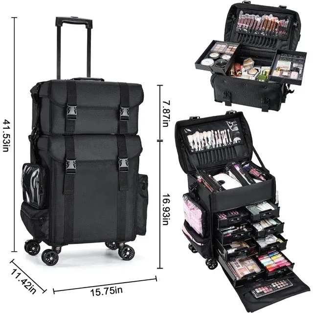 4 lockable 360° Rolling Casters Makeup Rolling Train Case - Hairdressing Bag Beauty Trolley Nail Cosmetic Box