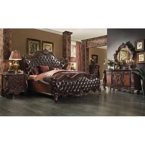 92" X 97" X 76" 2-Tone Dark Brown PU Cherry Oak Wood Poly Resin Upholstery Eastern King Bed