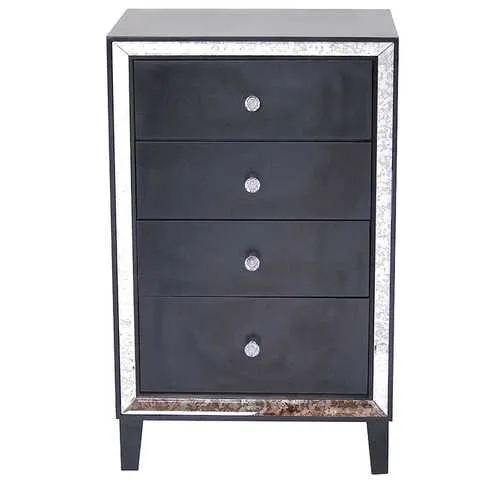 Black MDF Wood Mirrored Glass Accent Cabinet with  Drawers and  Mirrored Glass