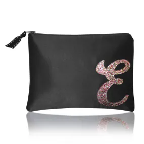 Black satin zip top personalised initial clutch