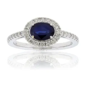 East / West Oval Blue Sapphire & Diamond Halo Ring