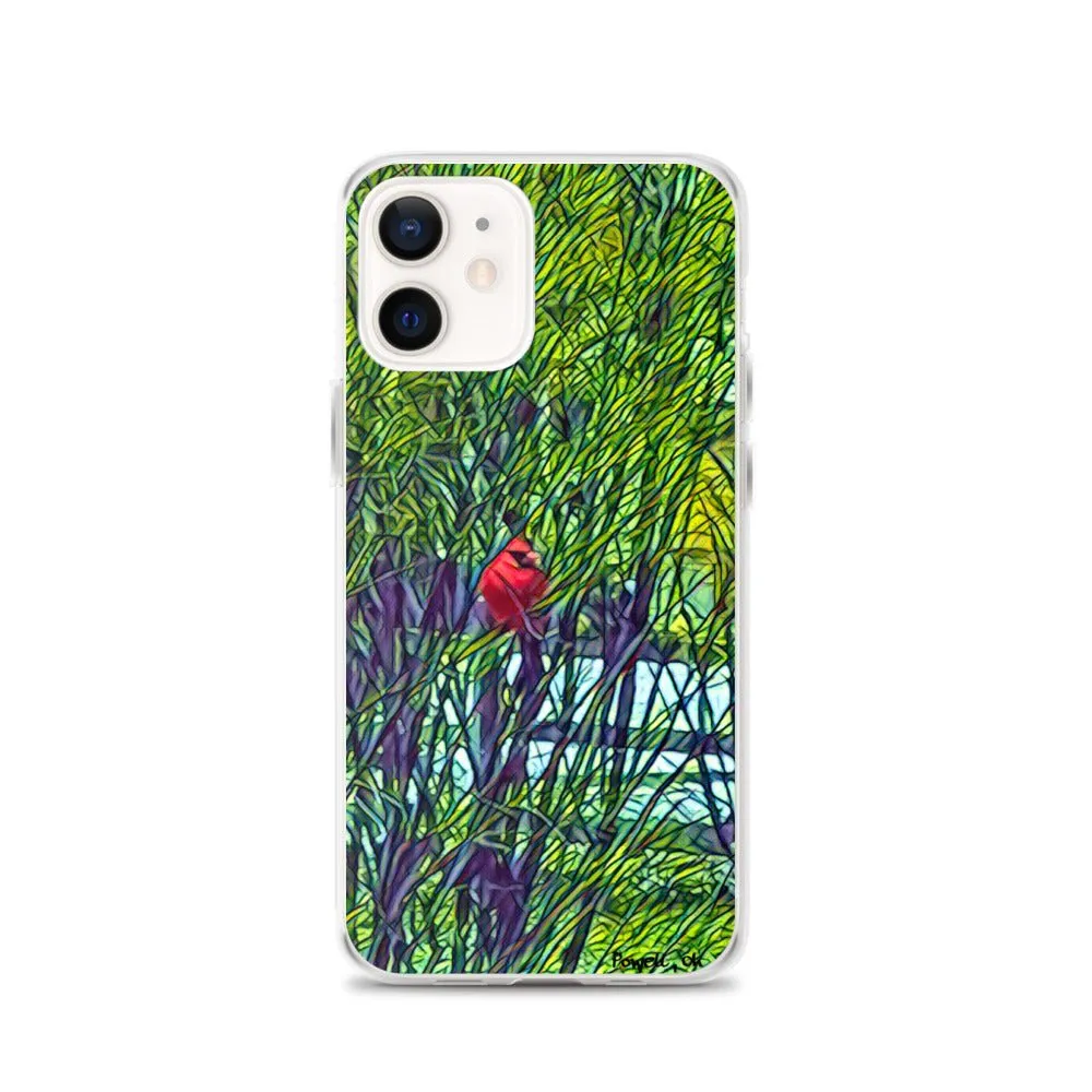 iPhone Case with Spring Trees and Cardinal Design. Phone Protector with Bright Red Bird.