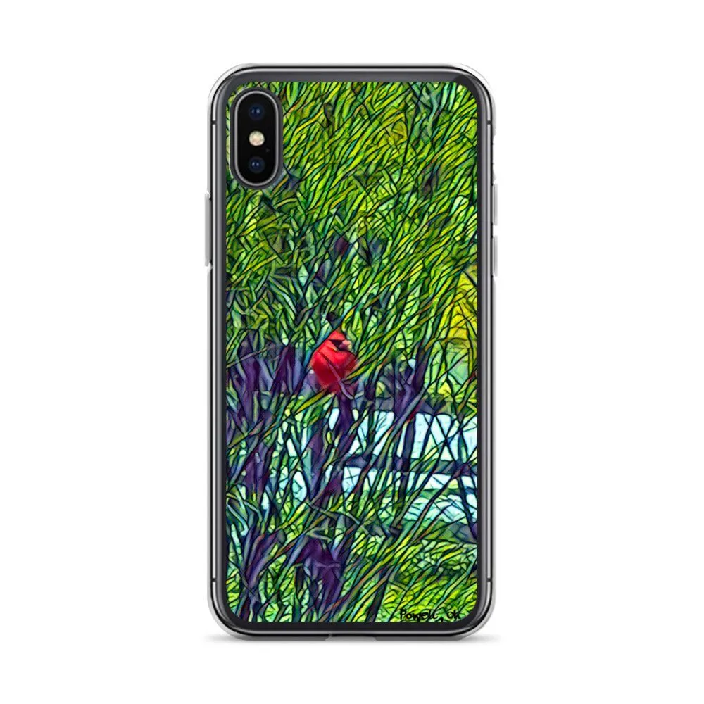 iPhone Case with Spring Trees and Cardinal Design. Phone Protector with Bright Red Bird.
