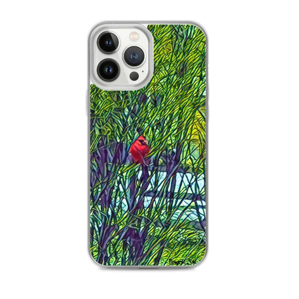 iPhone Case with Spring Trees and Cardinal Design. Phone Protector with Bright Red Bird.