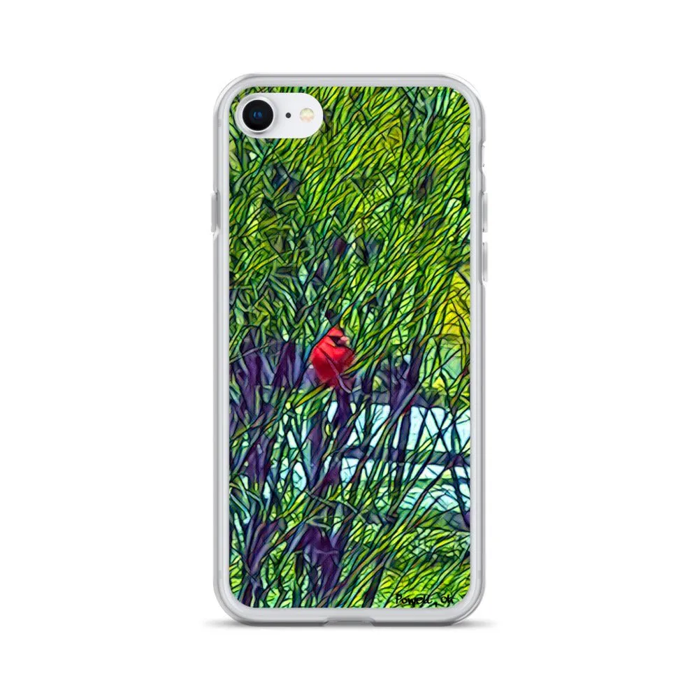 iPhone Case with Spring Trees and Cardinal Design. Phone Protector with Bright Red Bird.