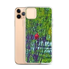 iPhone Case with Spring Trees and Cardinal Design. Phone Protector with Bright Red Bird.