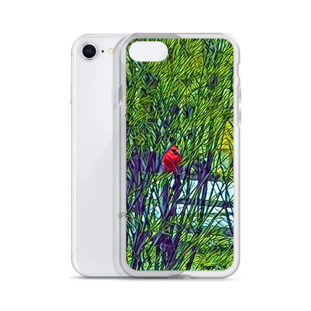 iPhone Case with Spring Trees and Cardinal Design. Phone Protector with Bright Red Bird.
