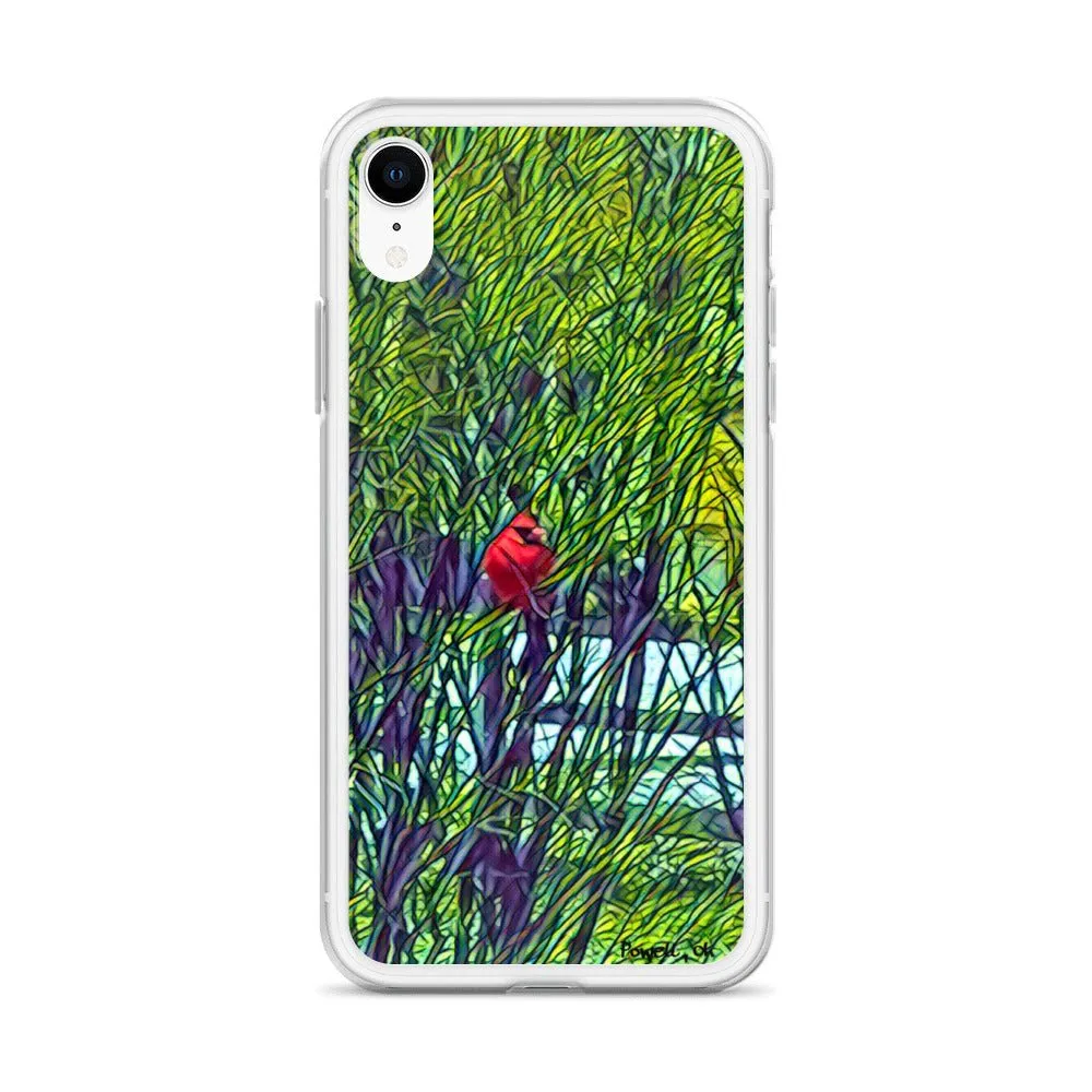 iPhone Case with Spring Trees and Cardinal Design. Phone Protector with Bright Red Bird.