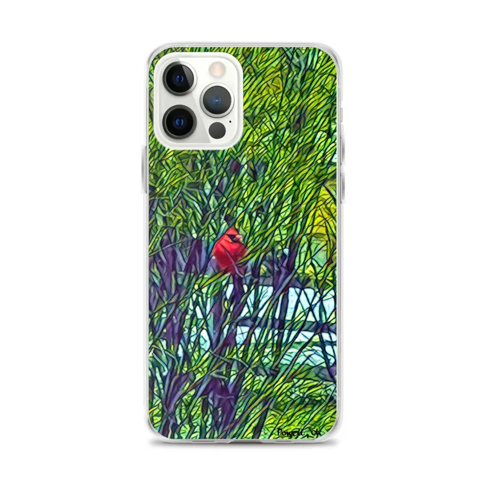 iPhone Case with Spring Trees and Cardinal Design. Phone Protector with Bright Red Bird.