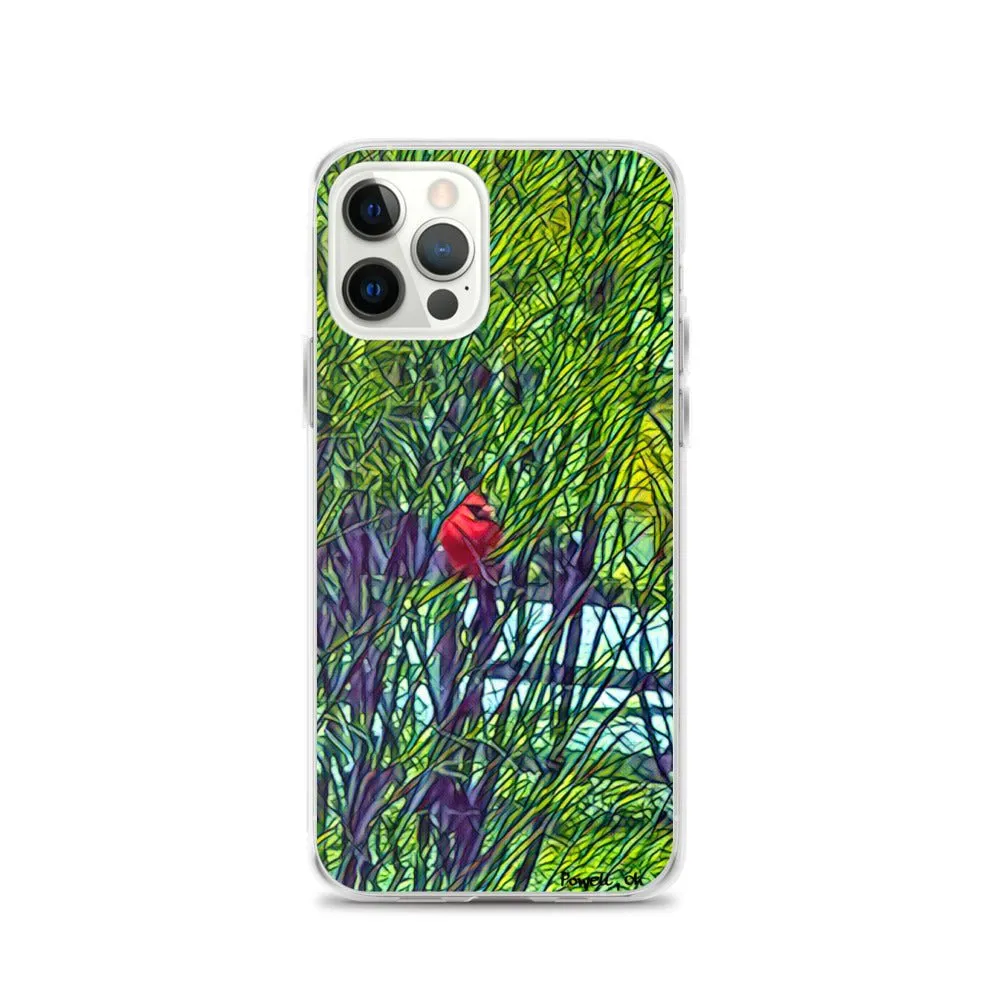 iPhone Case with Spring Trees and Cardinal Design. Phone Protector with Bright Red Bird.