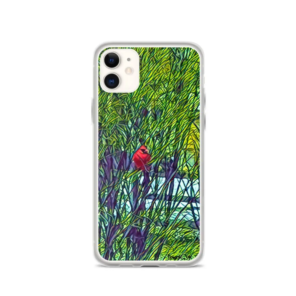iPhone Case with Spring Trees and Cardinal Design. Phone Protector with Bright Red Bird.
