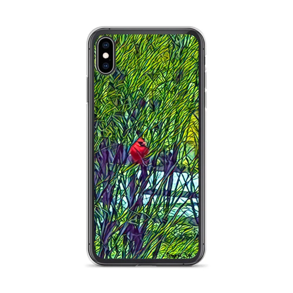 iPhone Case with Spring Trees and Cardinal Design. Phone Protector with Bright Red Bird.