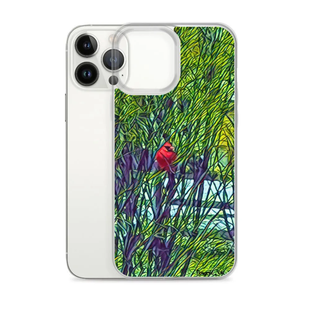 iPhone Case with Spring Trees and Cardinal Design. Phone Protector with Bright Red Bird.