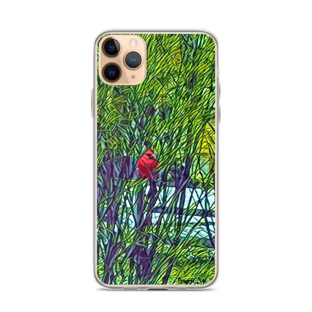 iPhone Case with Spring Trees and Cardinal Design. Phone Protector with Bright Red Bird.