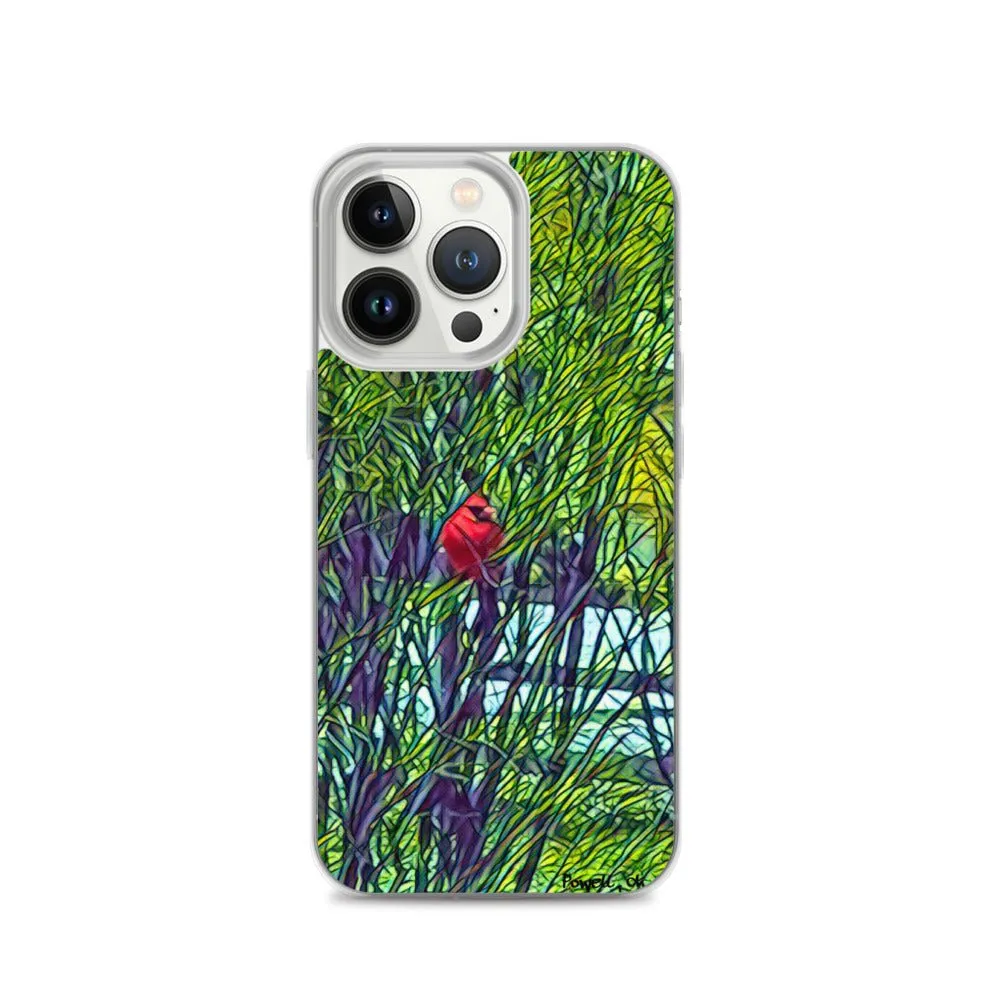 iPhone Case with Spring Trees and Cardinal Design. Phone Protector with Bright Red Bird.
