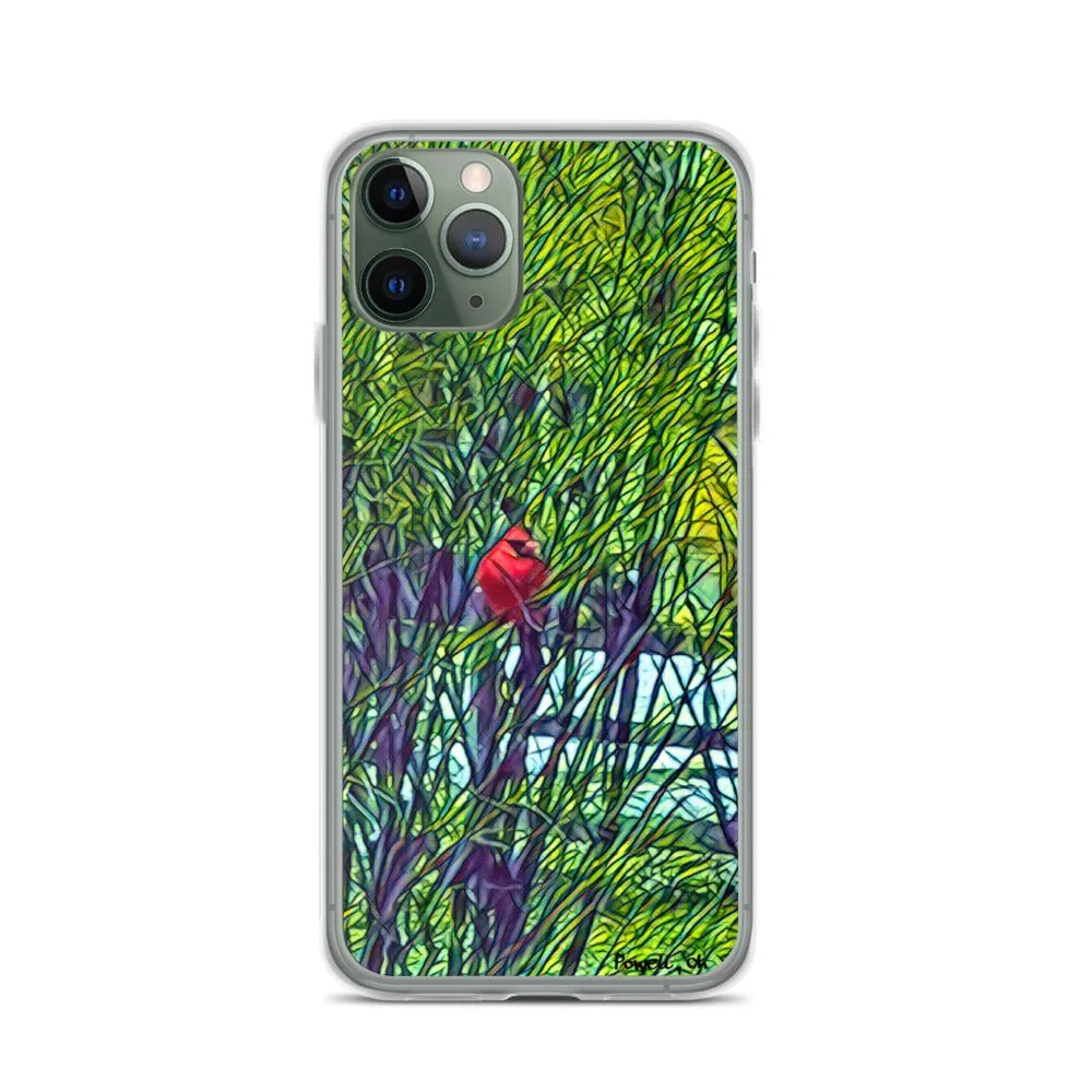 iPhone Case with Spring Trees and Cardinal Design. Phone Protector with Bright Red Bird.