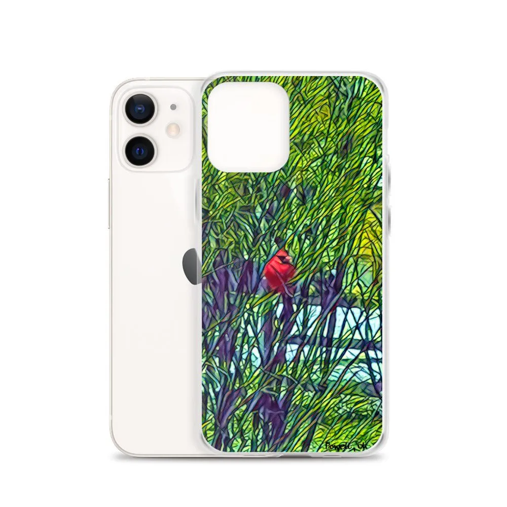 iPhone Case with Spring Trees and Cardinal Design. Phone Protector with Bright Red Bird.