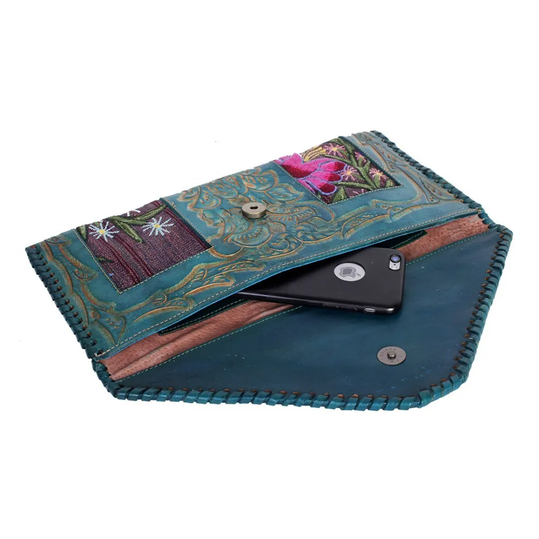 Leather Stamped Upcycled Zinacantan Clutch Bag - Mexico
