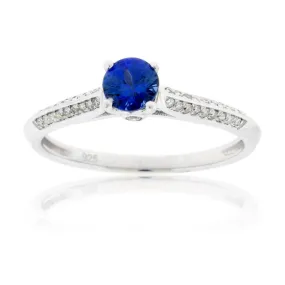 Round Blue Sapphire and Diamond Lined Ring