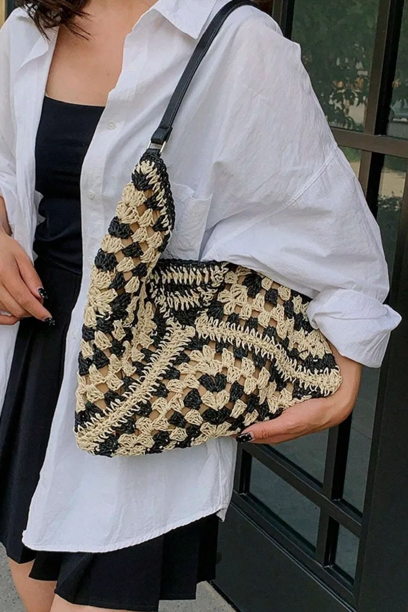 Vintage woven straw crochet bucket shoulder bag
