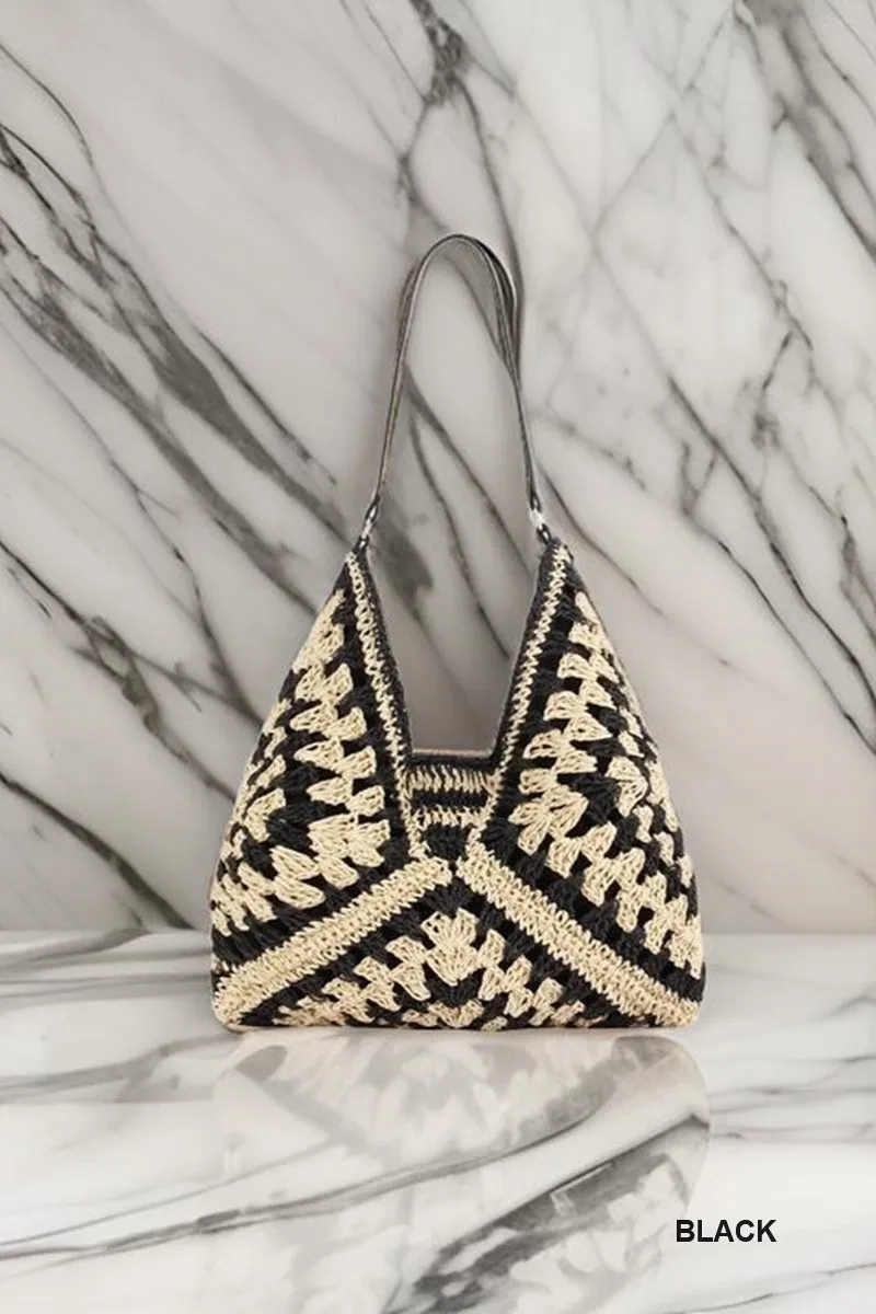 Vintage woven straw crochet bucket shoulder bag
