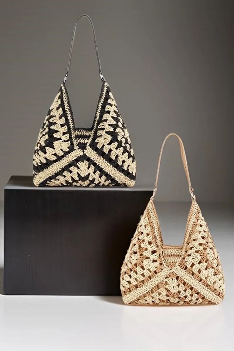 Vintage woven straw crochet bucket shoulder bag