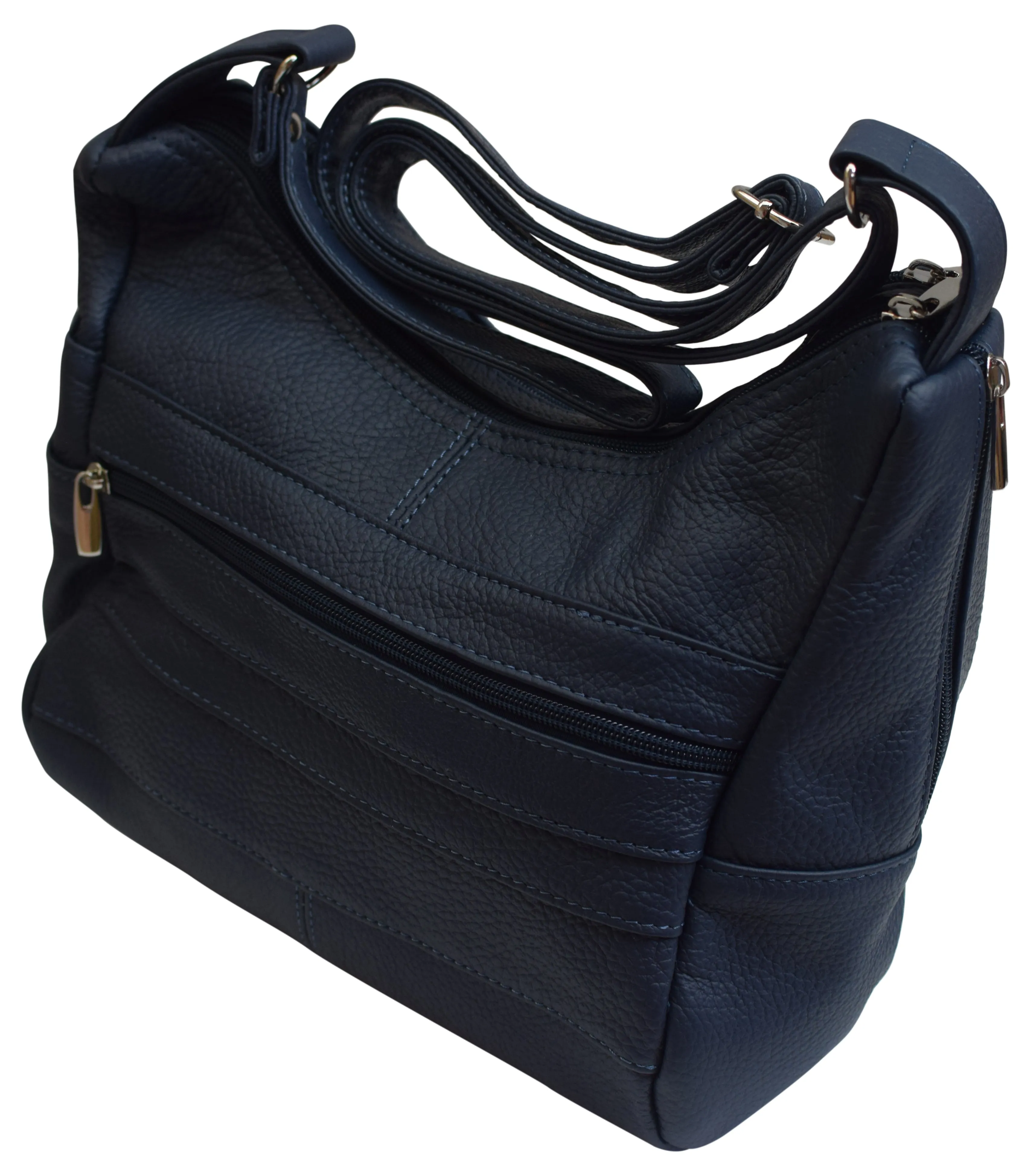 Womens Genuine Leather Purse Adjustable Strap Mid Size Multi Pocket Shoulder Bag Navy Blue