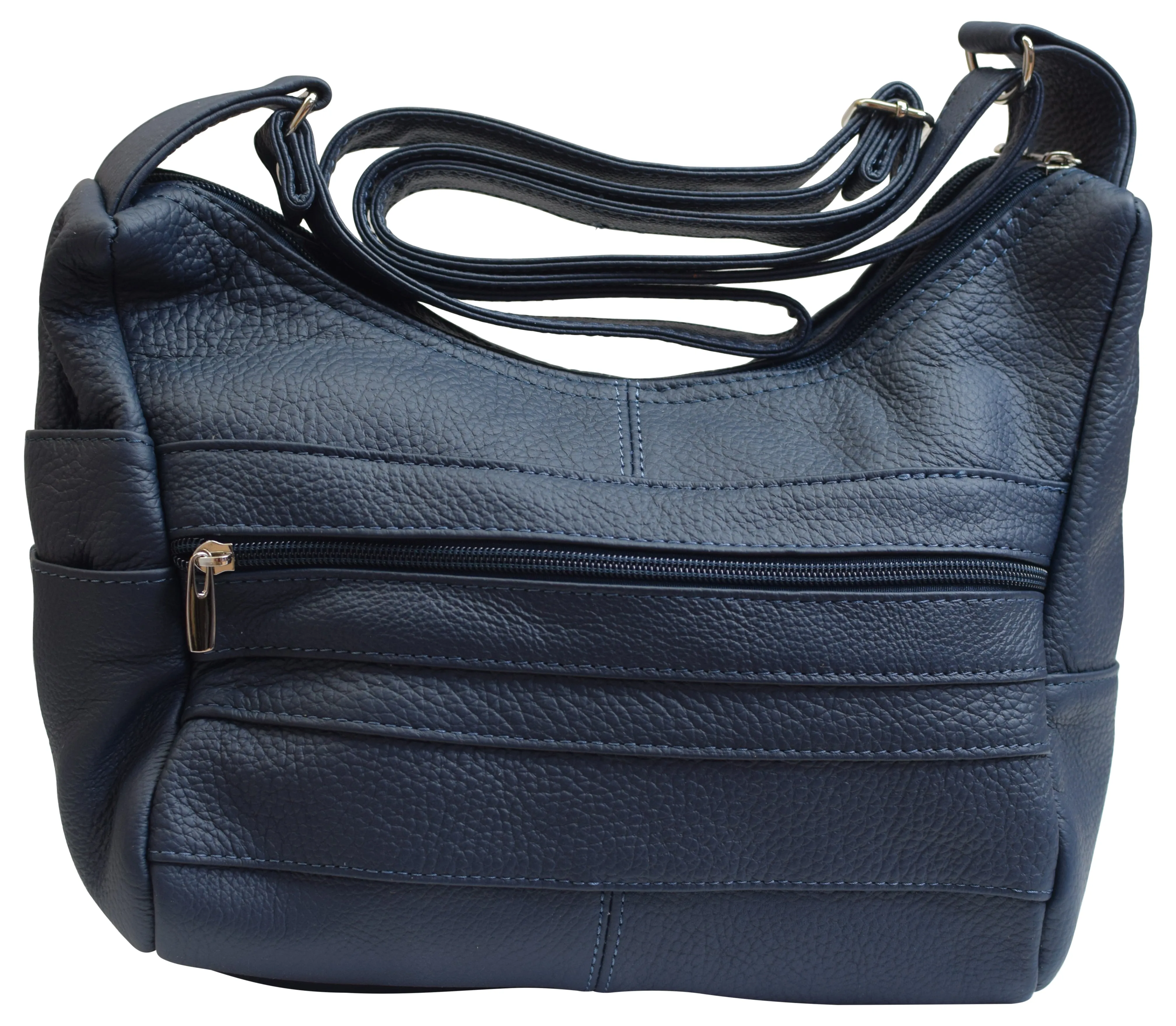Womens Genuine Leather Purse Adjustable Strap Mid Size Multi Pocket Shoulder Bag Navy Blue
