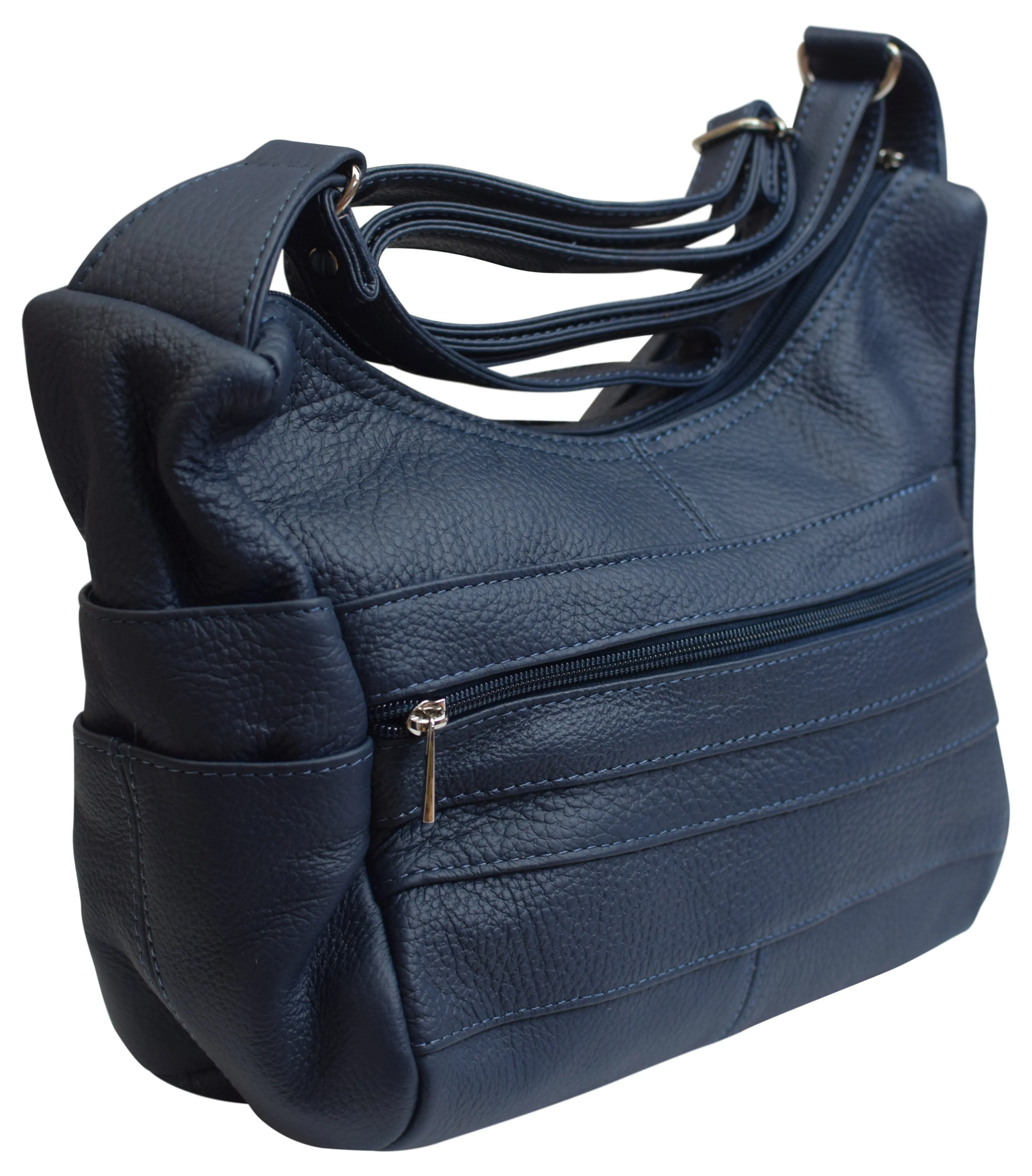 Womens Genuine Leather Purse Adjustable Strap Mid Size Multi Pocket Shoulder Bag Navy Blue