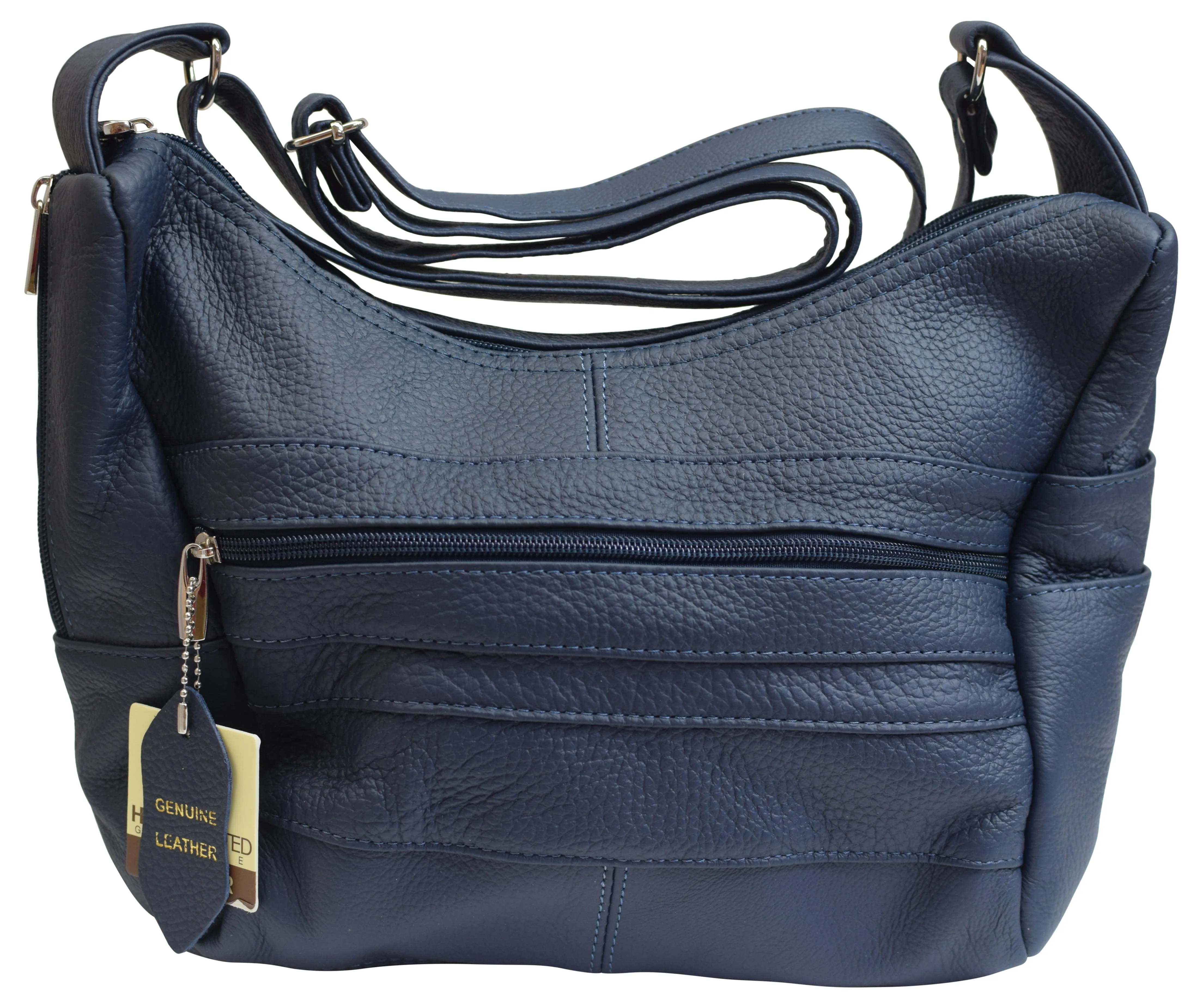 Womens Genuine Leather Purse Adjustable Strap Mid Size Multi Pocket Shoulder Bag Navy Blue