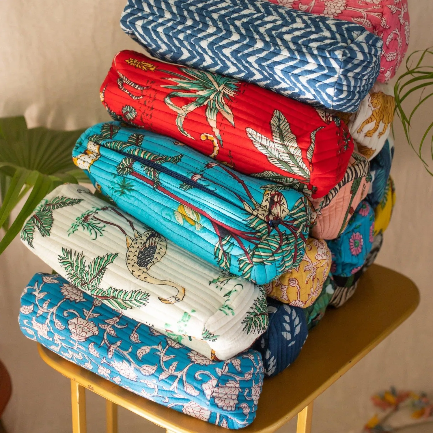 Yellow Tropical Printed Cosmetic Pouch Set of 2