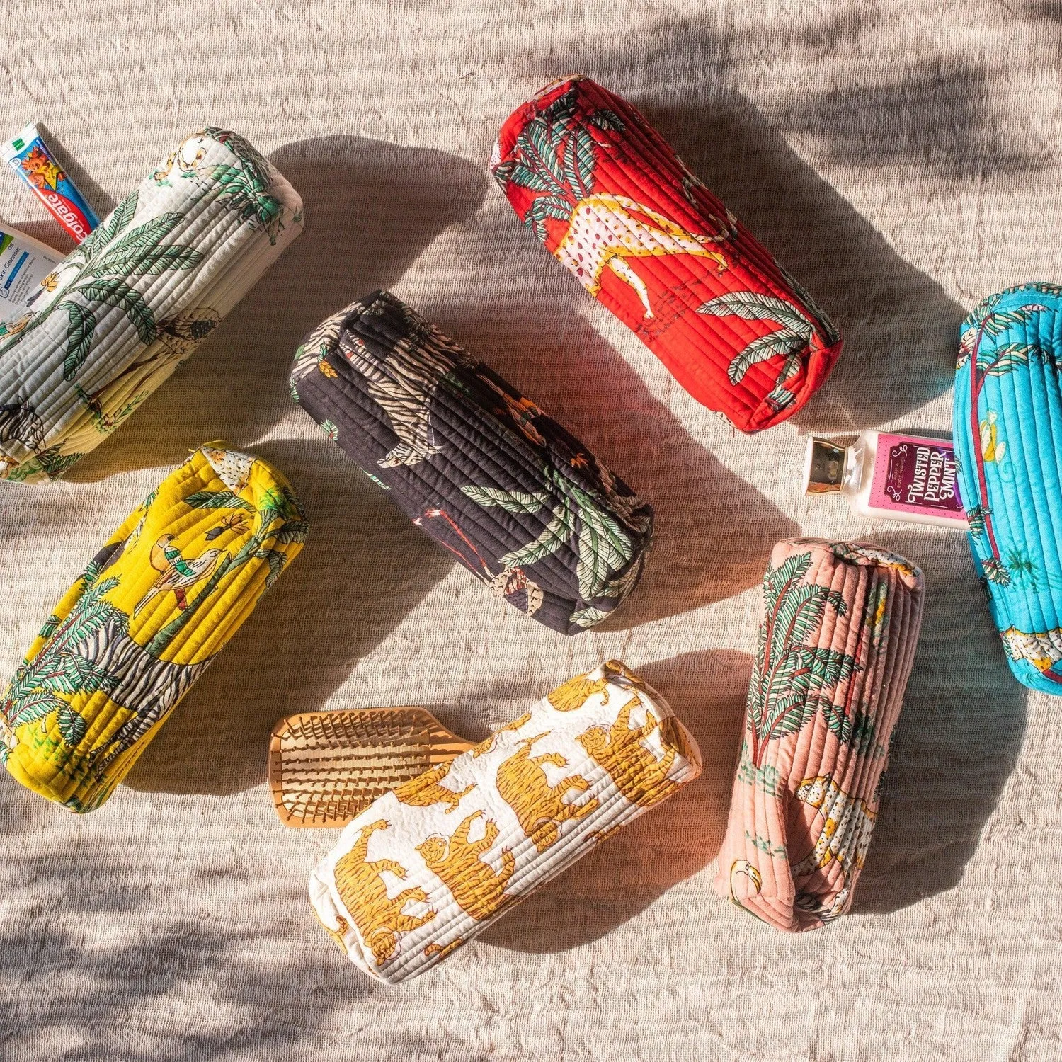 Yellow Tropical Printed Cosmetic Pouch Set of 2