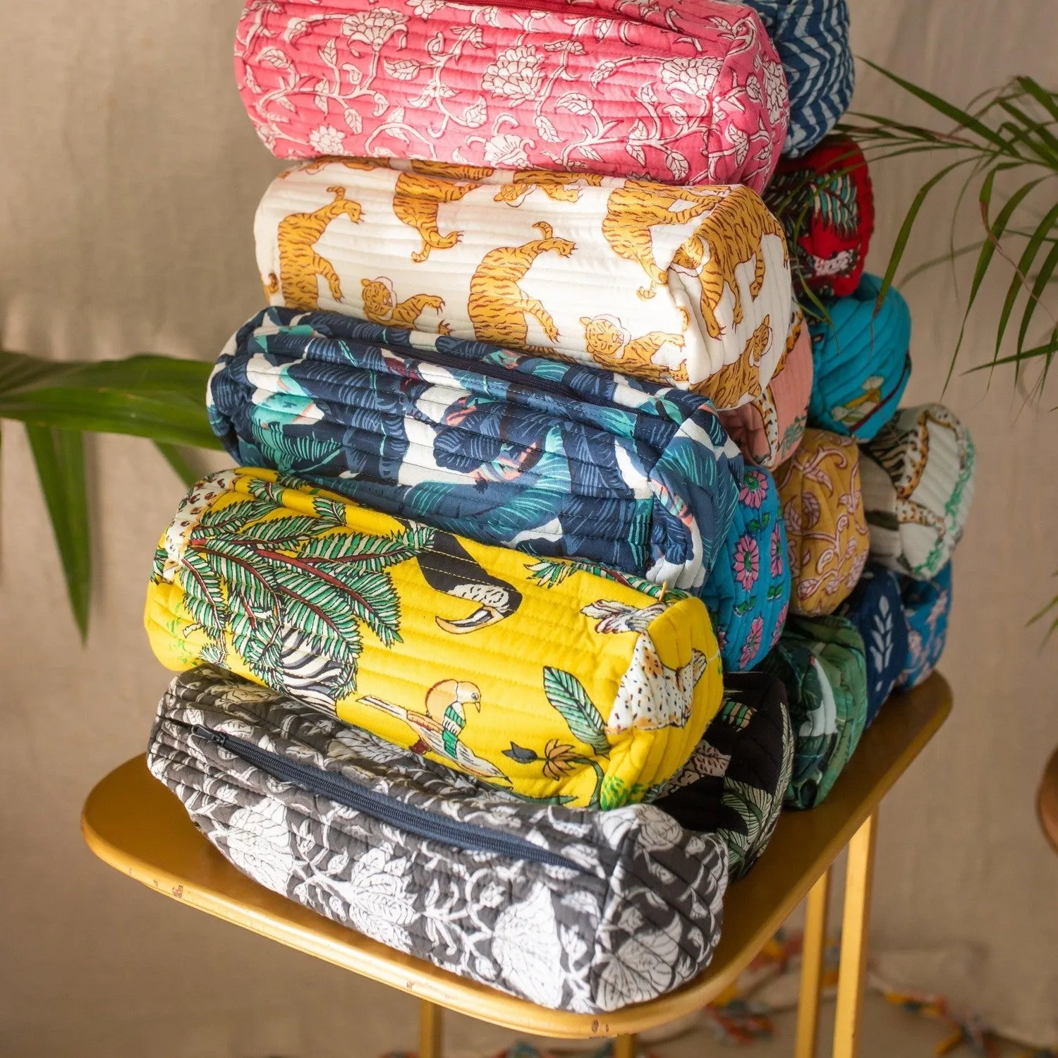 Yellow Tropical Printed Cosmetic Pouch Set of 2