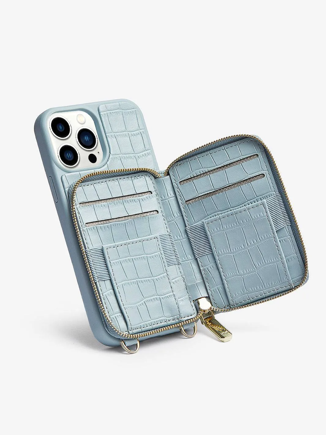 ZipPouch- E-stand Wallet Phone Case- Lychee Leather
