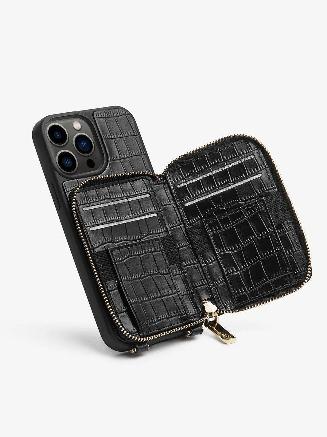 ZipPouch- E-stand Wallet Phone Case- Lychee Leather